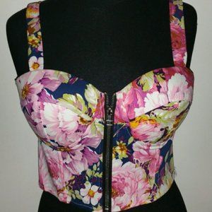 Floral Print Crop Top with Zipper Front Closure